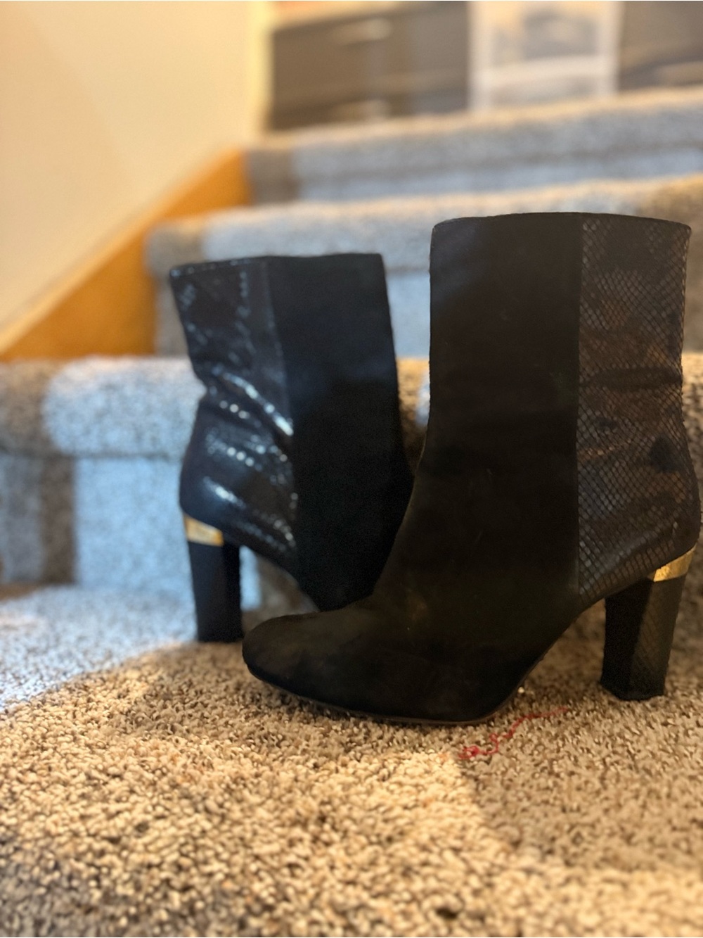 Michael Kors Black Suede Ankle Booties Size 8.5 Gold Accents Side Zip Block Heel